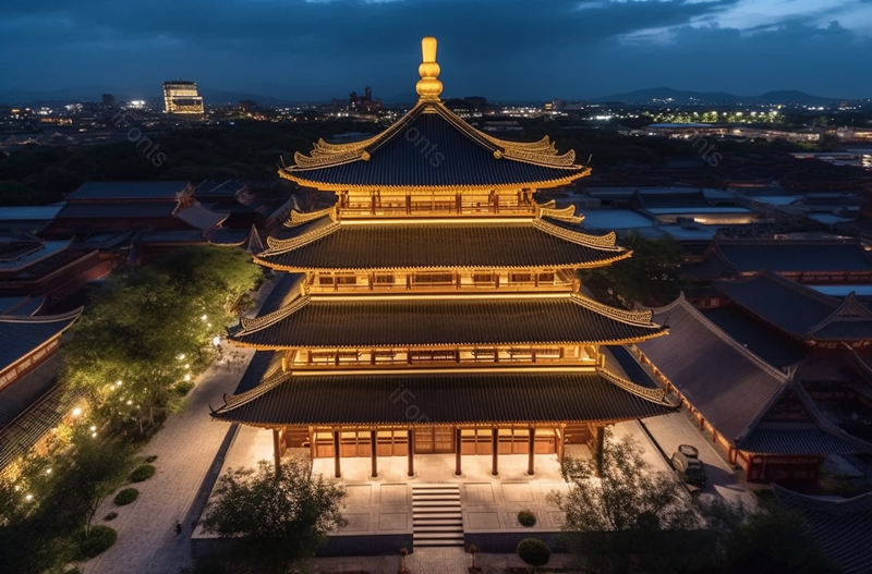 航拍夜景古建筑黄色明亮灯光,高清,摄影图,摄影图片,图片大全,摄影图免费下载